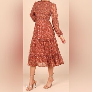 NWOT Petal & Pup Edwina Shirred Frill Long Sleeve Midi Dress - Rust Floral